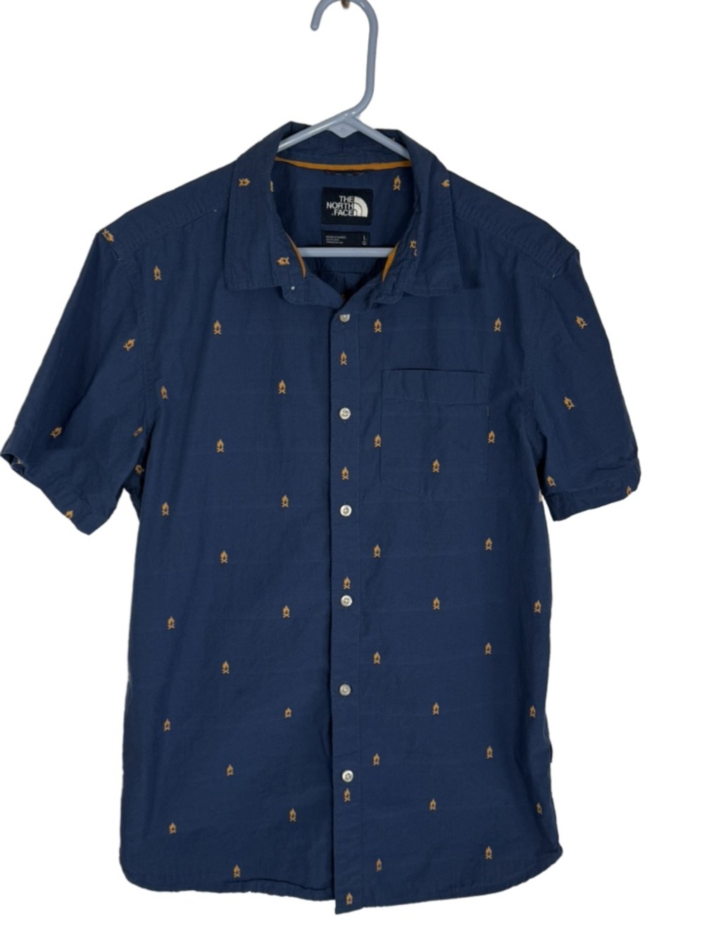 The North Face Navy Short-Sleeve Button-Down Orange Campfire Embroidery Men’s L